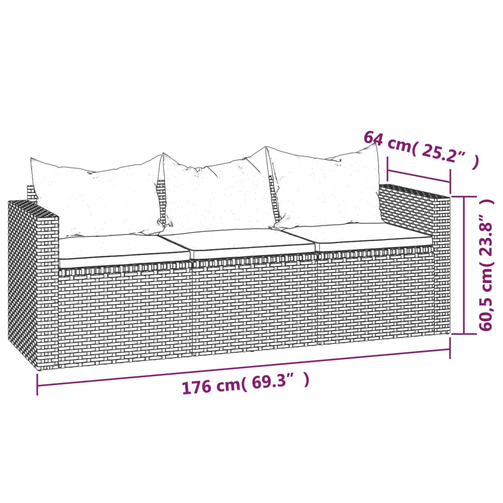 Set Divani da Giardino 3 pz con Cuscini in Polyrattan Grigio