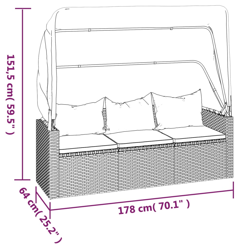 Divano Giardino 3 Posti Tetto e Poggiapiedi Grigio Polyrattan