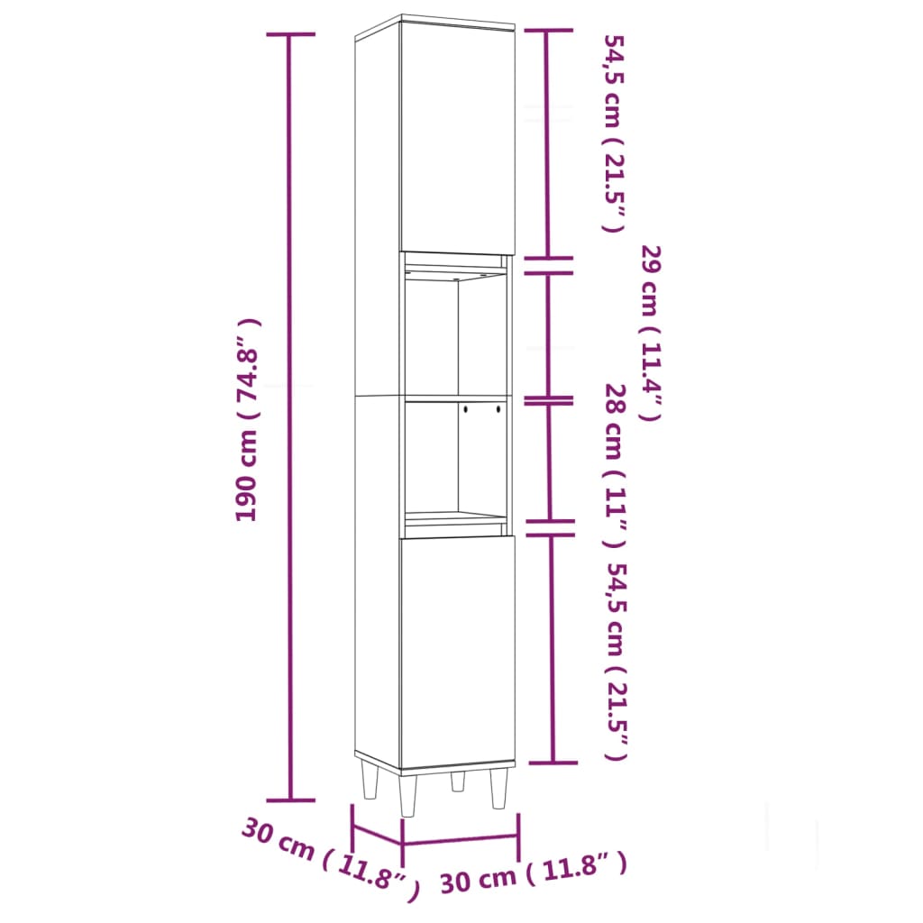 Armadietto da Bagno Bianco 30x30x190 cm in Legno Multistrato