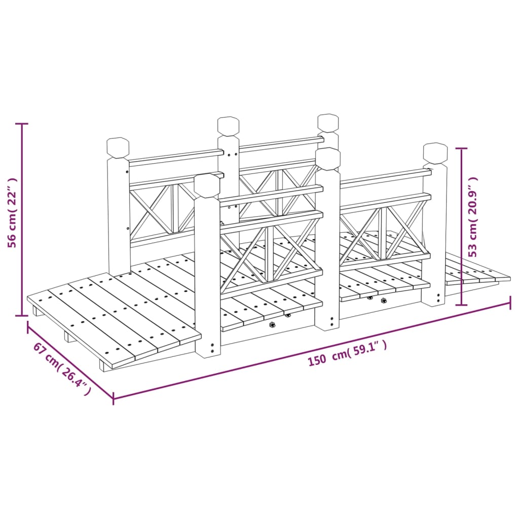 Ponte Giardino Ringhiere 150x67x56cm Legno Massello Abete Rosso