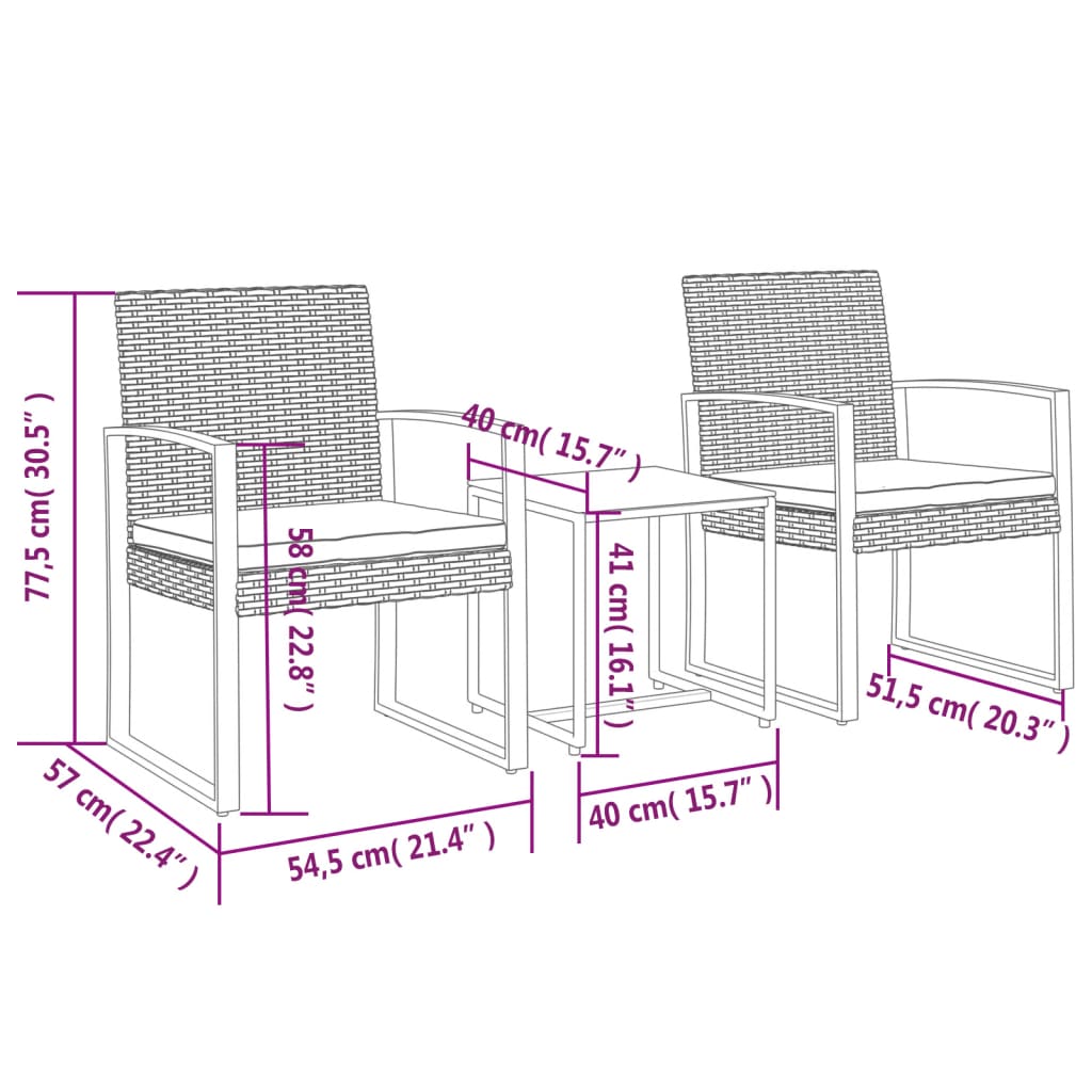 Set da Pranzo da Giardino 3 pz Nero con Cuscini in Rattan PP