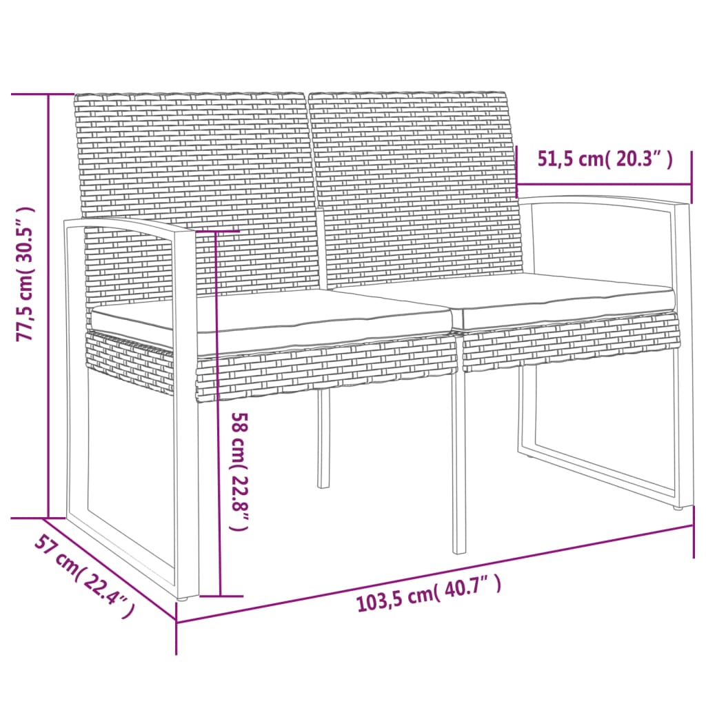 Panca da Giardino a 2 Posti con Cuscini in Rattan PP Nero