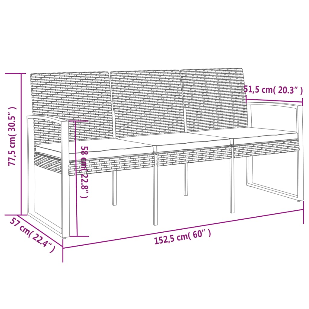 Panca da Giardino a 3 Posti con Cuscini in Rattan PP Nero