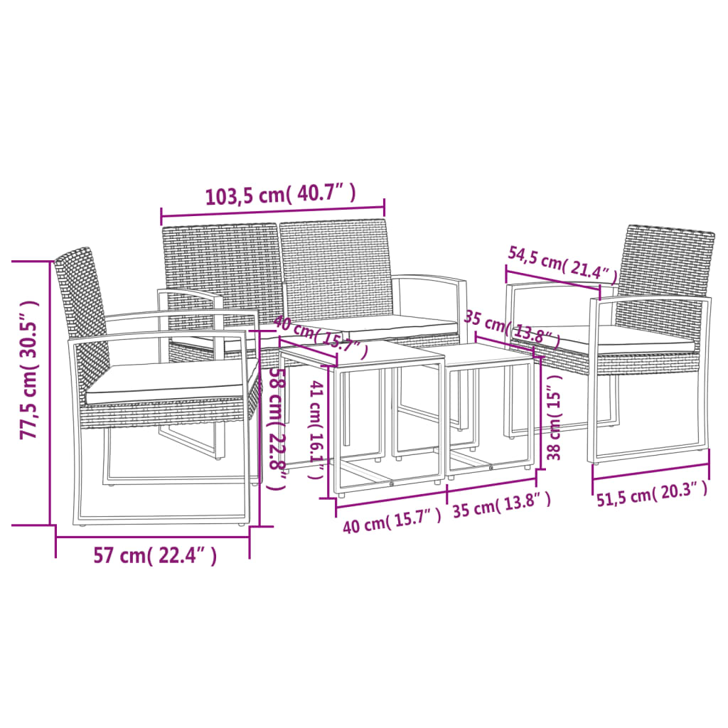 Set da Pranzo da Giardino 5 pz Nero con Cuscini in Rattan PP