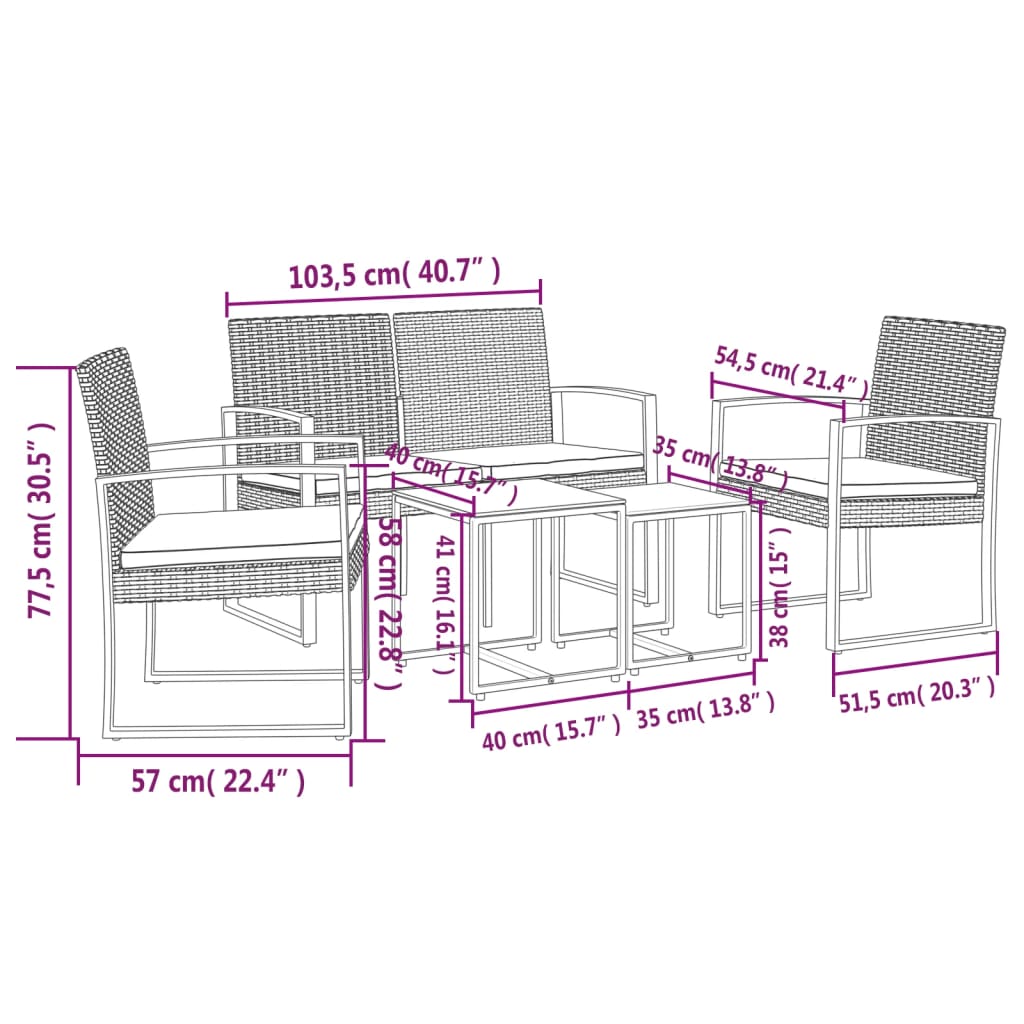 Set Pranzo da Giardino 5 pz con Cuscini PP Rattan Grigio Scuro