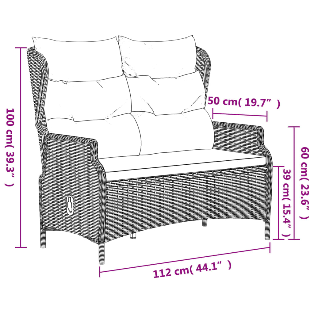 Panca da Giardino a 2 Posti con Cuscini in Polyrattan Nero