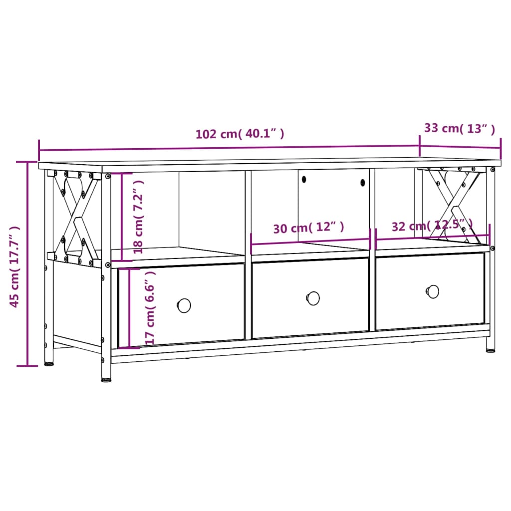 Mobile TV Rovere Fumo 102x33x45 cm in Legno Multistrato e Ferro