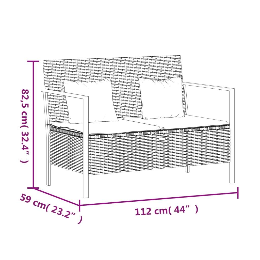 Panca da Giardino a 2 Posti con Cuscini in Polyrattan Grigio