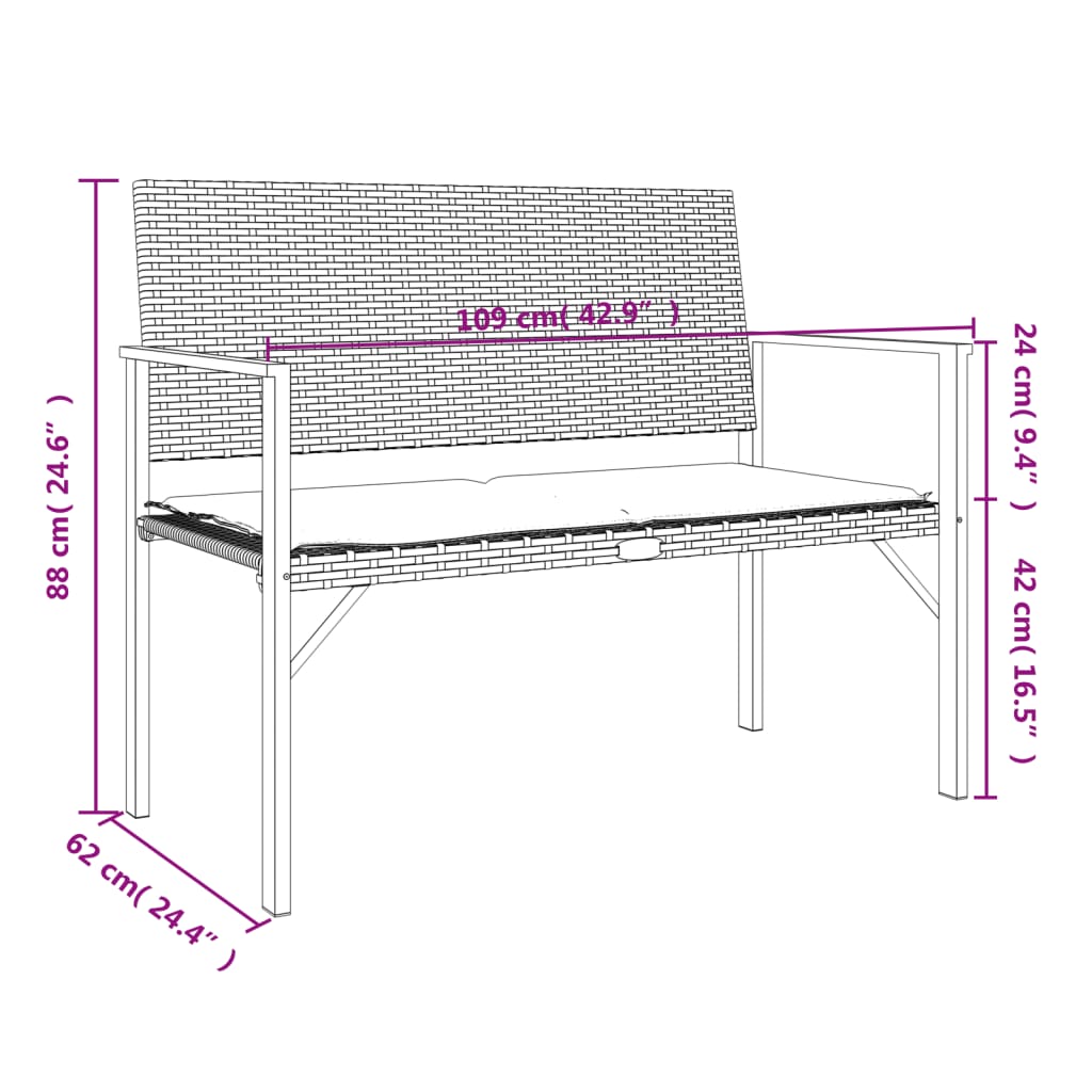 Panca da Giardino a 2 Posti con Cuscini in Polyrattan Grigio