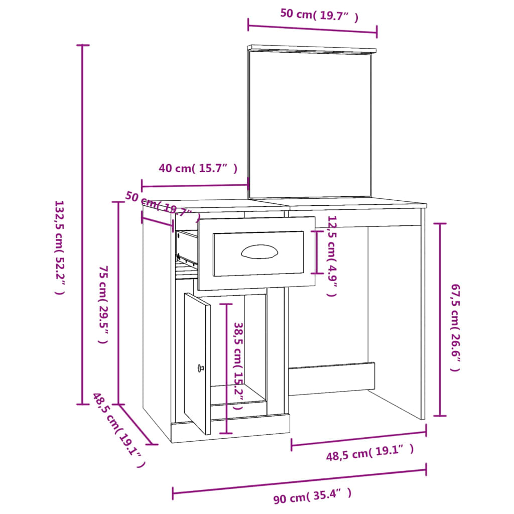 Toeletta Specchio Grigio Sonoma 90x50x132,5cm Legno Multistrato