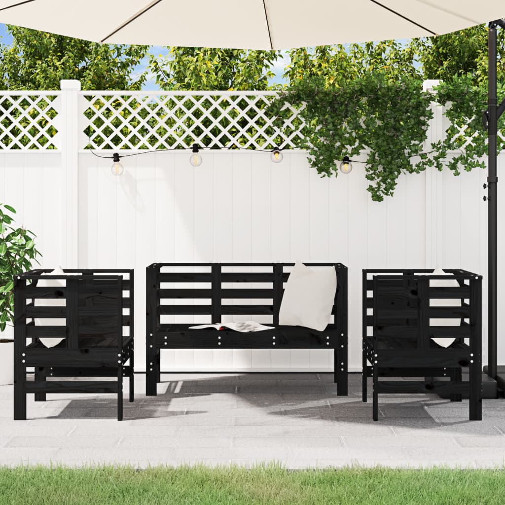 Set Salotto da Giardino 3 pz Nero in Legno Massello di Pino