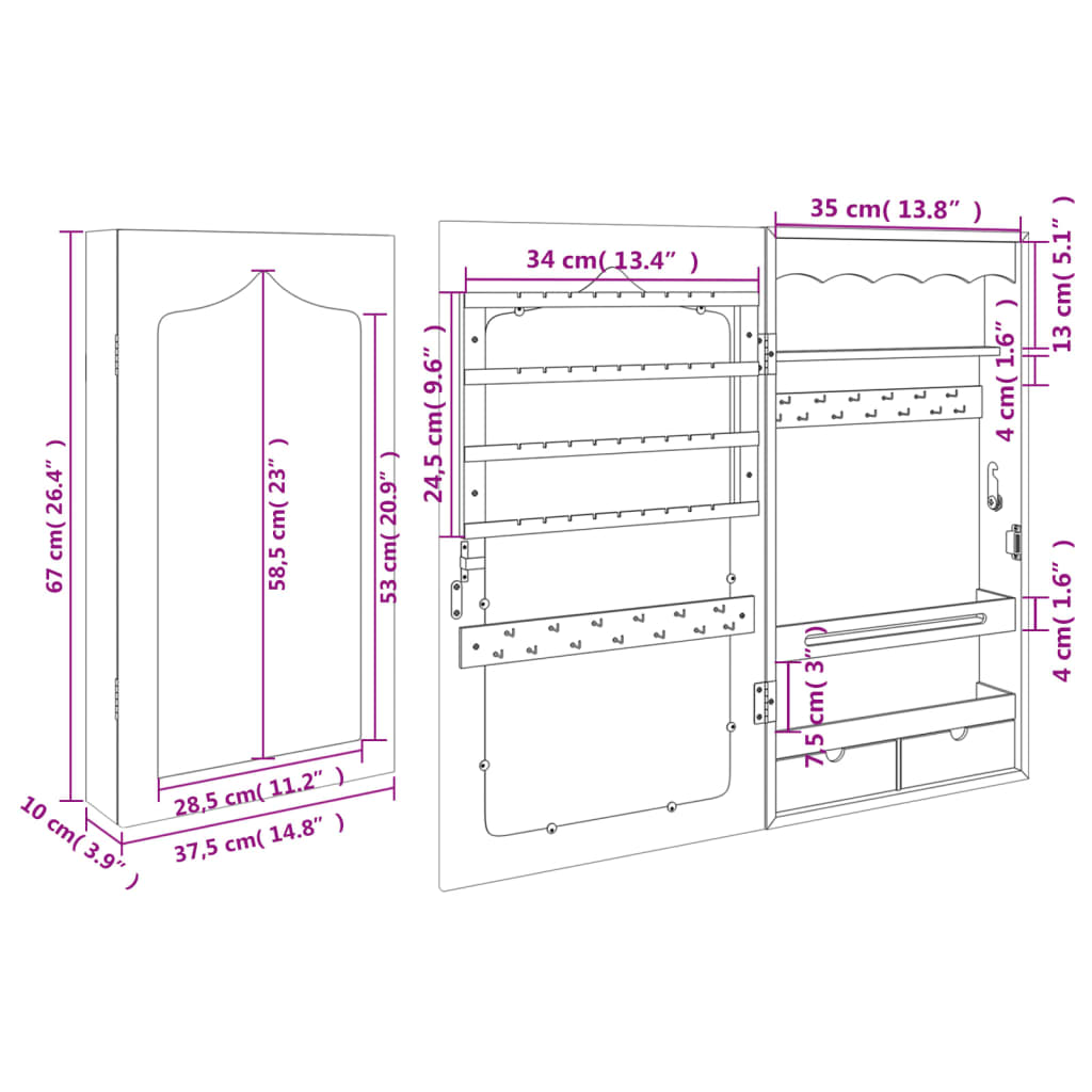 Armadio Portagioie con Specchio a Muro Bianco 37,5x10x67 cm