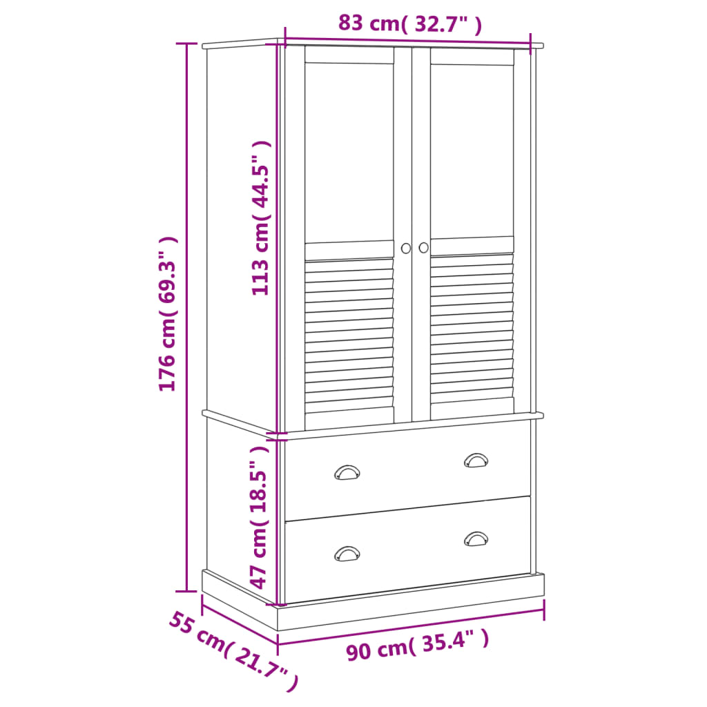 Armadio VIGO 90x55x176 cm in Legno Massello di Pino Grigio