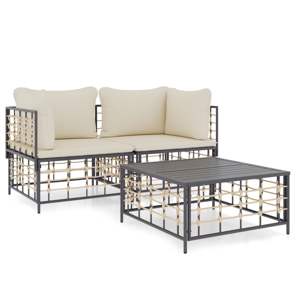 Set Divani da Giardino 3 pz con Cuscini Antracite in Polyrattan