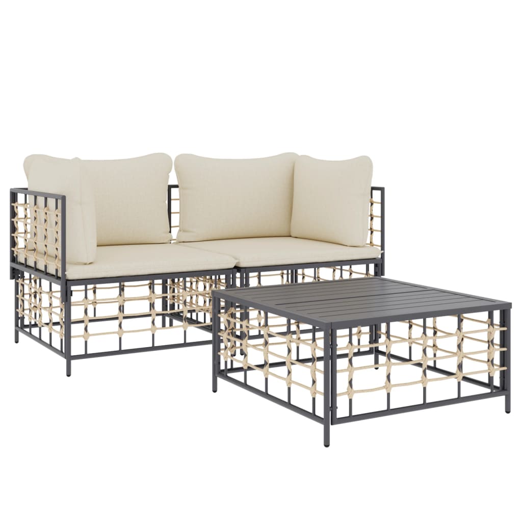 Set Divani da Giardino 3 pz con Cuscini Antracite in Polyrattan