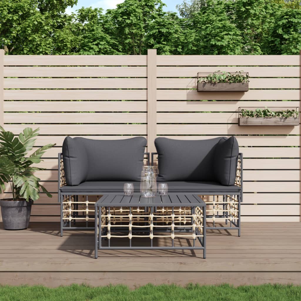 Set Divani da Giardino 3 pz con Cuscini Antracite in Polyrattan