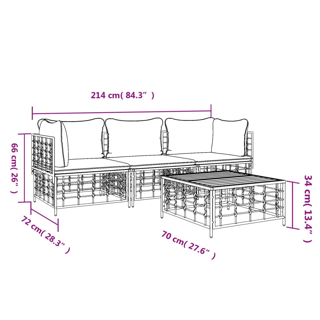 Set Divani da Giardino 4 pz con Cuscini Antracite in Polyrattan