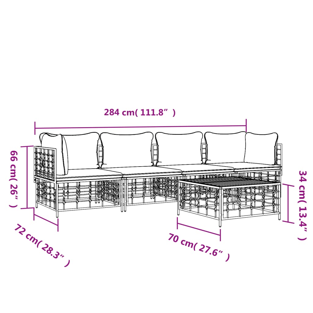 Set Divani da Giardino 5 pz con Cuscini Antracite in Polyrattan