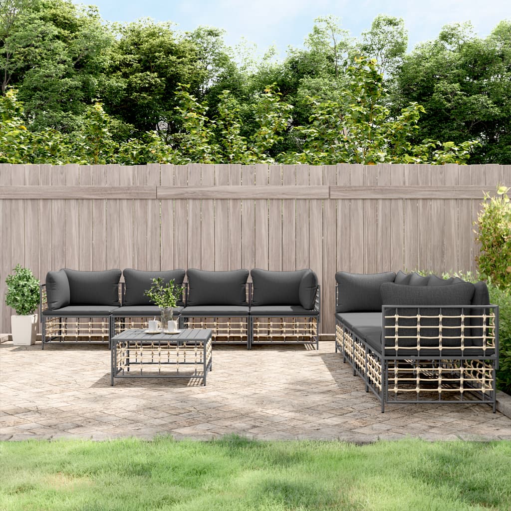 Set Divani da Giardino 9 pz con Cuscini Antracite in Polyrattan