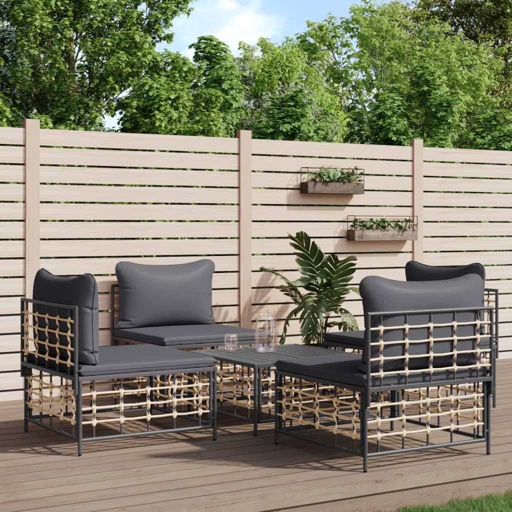 Set Divani da Giardino 5 pz con Cuscini Antracite in Polyrattan