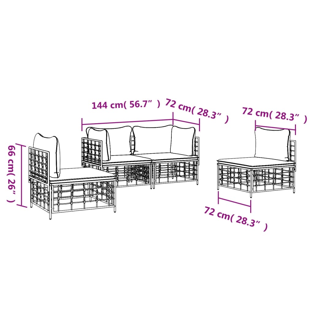 Set Divani da Giardino 4 pz con Cuscini Antracite in Polyrattan