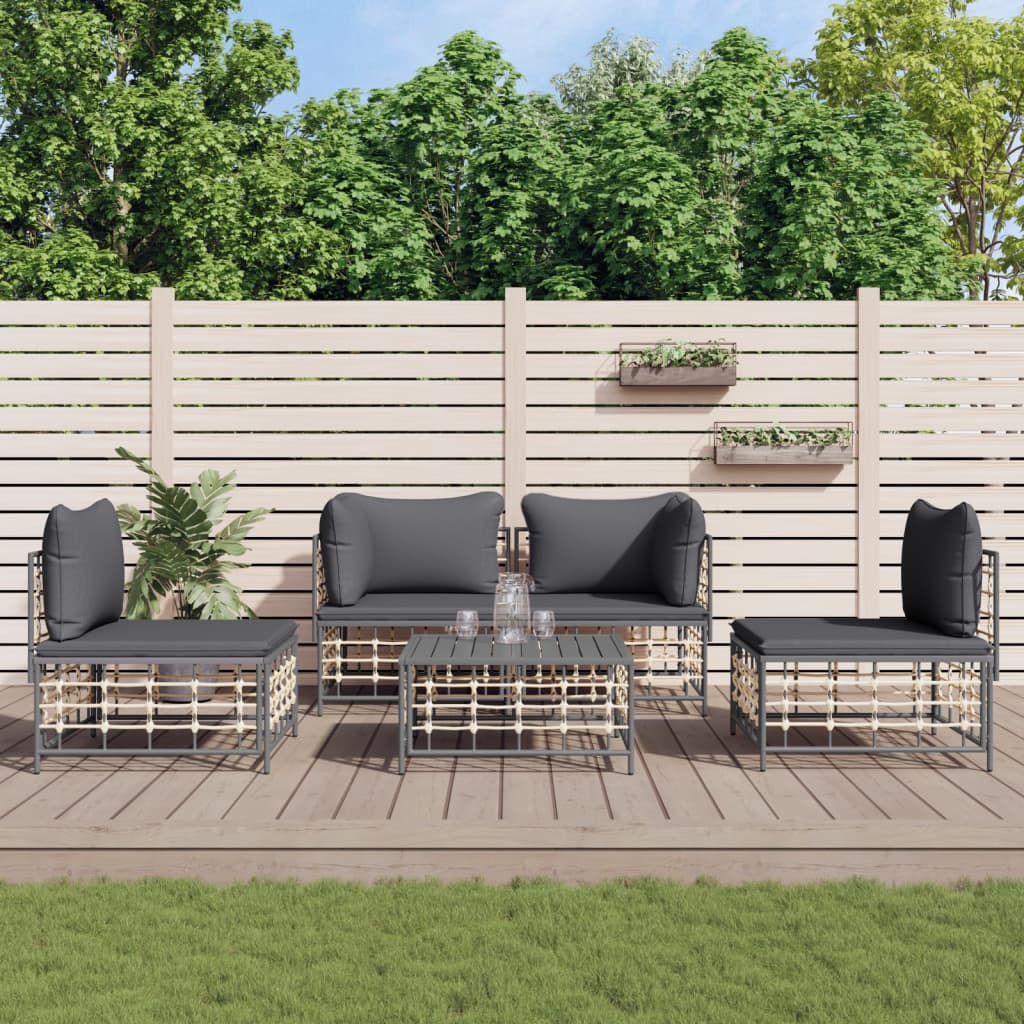 Set Divani da Giardino 5 pz con Cuscini Antracite in Polyrattan