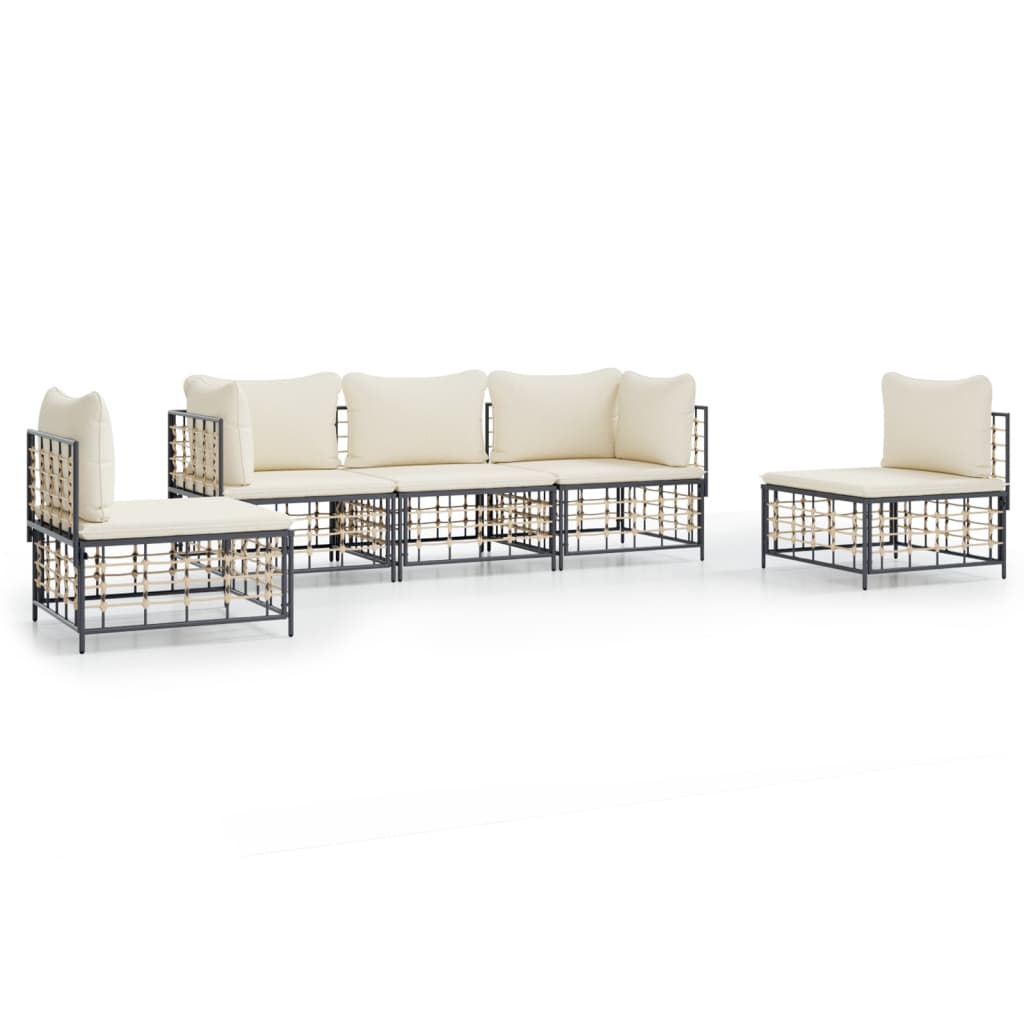 Set Divani da Giardino 5 pz con Cuscini Antracite in Polyrattan