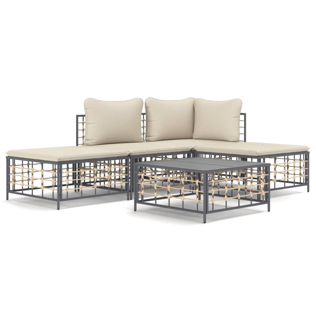 Set Divani da Giardino 5 pz con Cuscini Antracite in Polyrattan