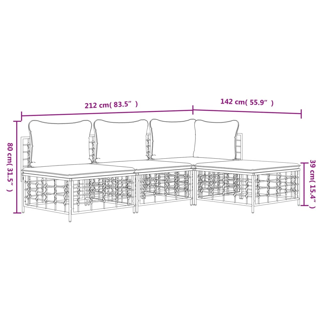 Set Divani da Giardino 4 pz con Cuscini Antracite in Polyrattan