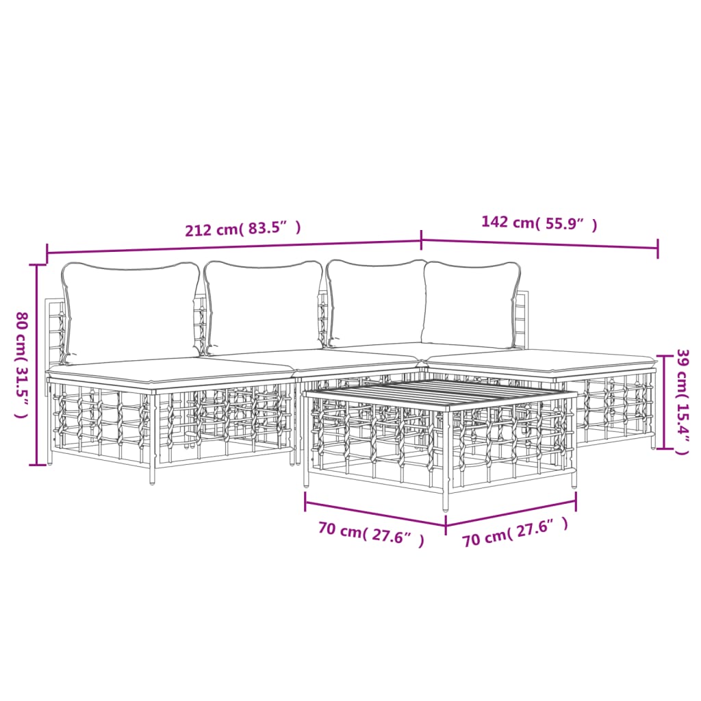 Set Divani da Giardino 5 pz con Cuscini Antracite in Polyrattan