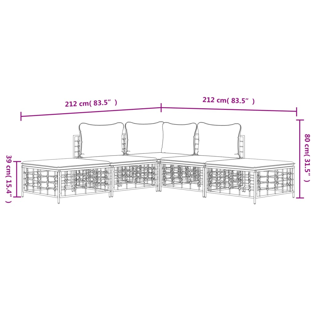 Set Divani da Giardino 5 pz con Cuscini Antracite in Polyrattan