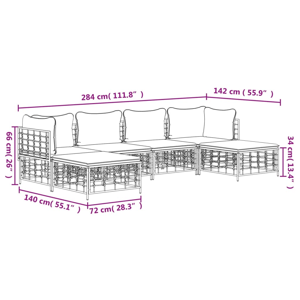 Set Divani da Giardino 6 pz con Cuscini Antracite in Polyrattan