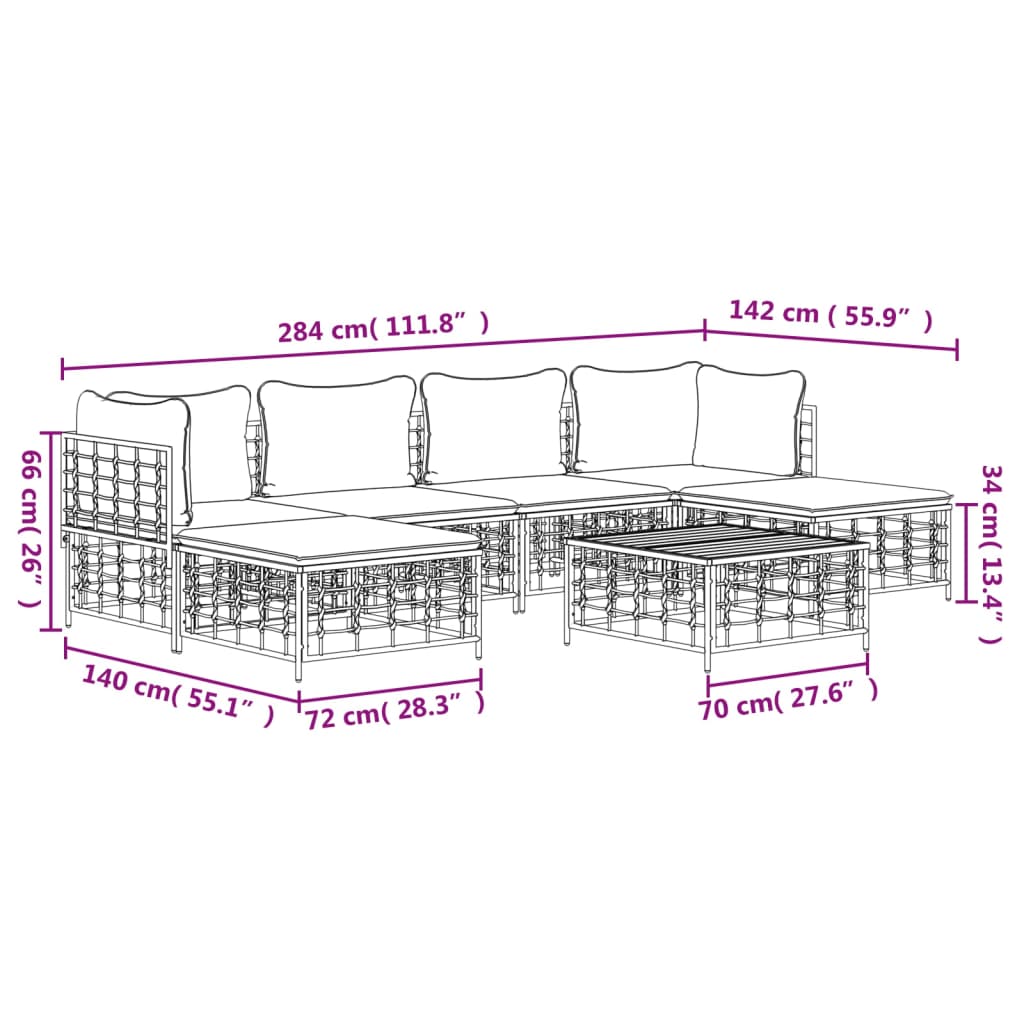 Set Divani da Giardino 7 pz con Cuscini Antracite in Polyrattan