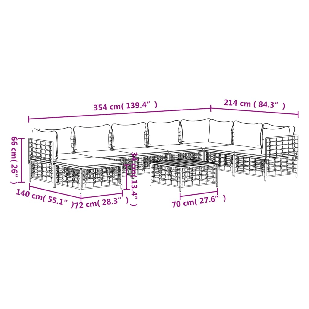 Set Divani da Giardino 9 pz con Cuscini Antracite in Polyrattan