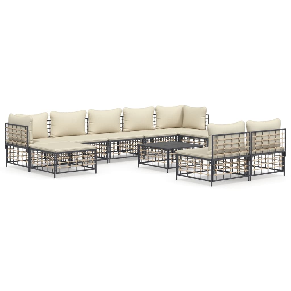 Set Divani da Giardino 10pz con Cuscini Antracite in Polyrattan