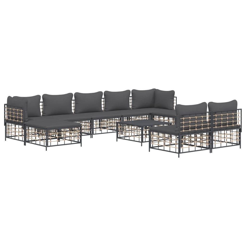 Set Divani da Giardino 10pz con Cuscini Antracite in Polyrattan