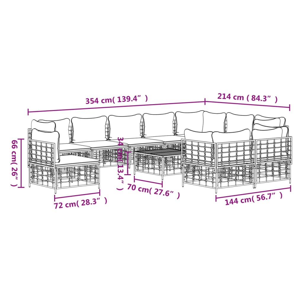 Set Divani da Giardino 11pz con Cuscini in Polyrattan Antracite