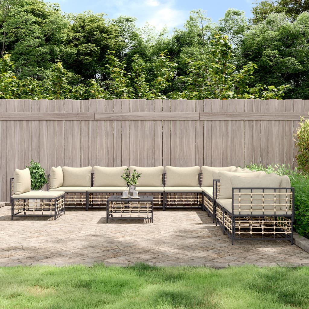 Set Divani da Giardino 11pz con Cuscini in Polyrattan Antracite