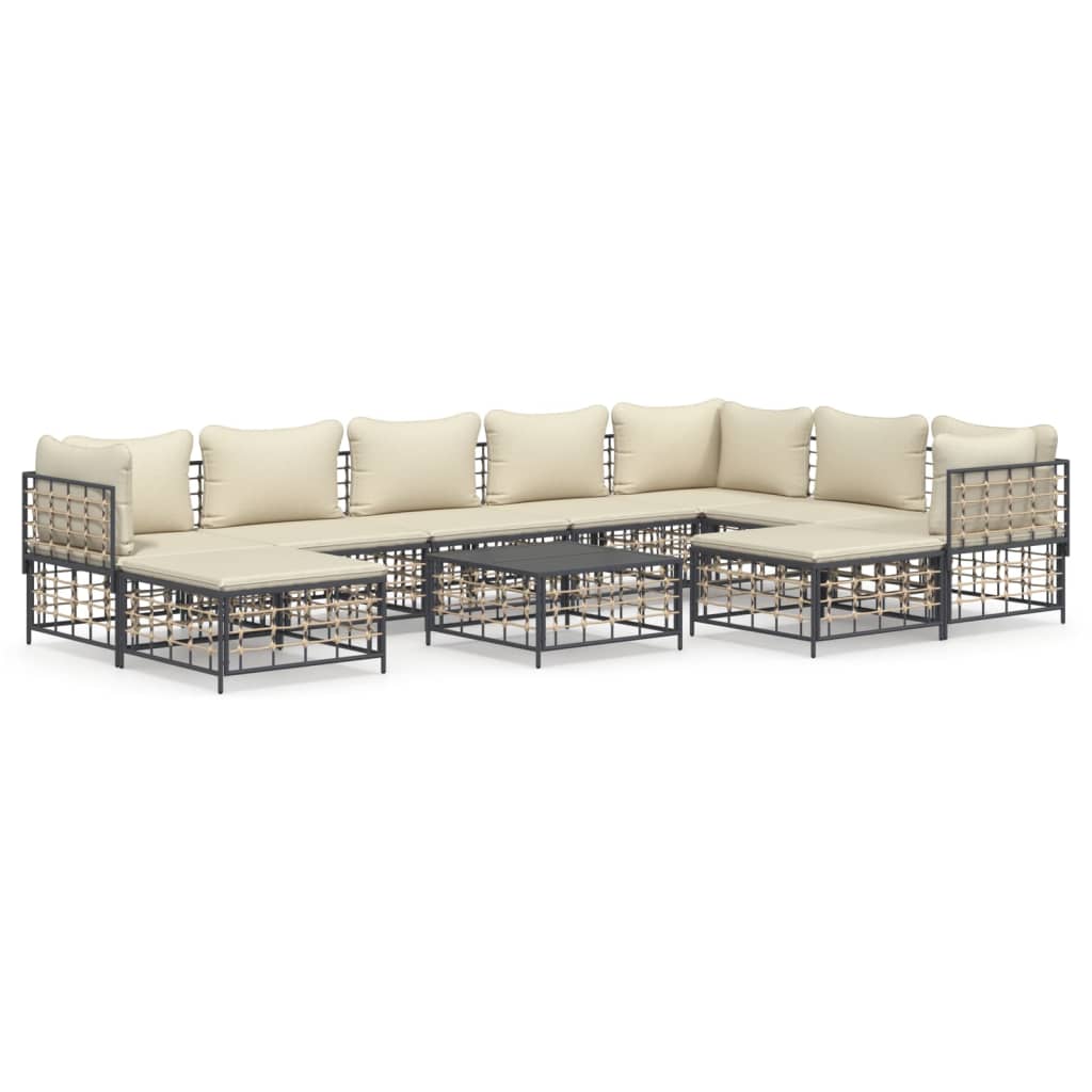 Set Divani da Giardino 10pz con Cuscini Antracite in Polyrattan