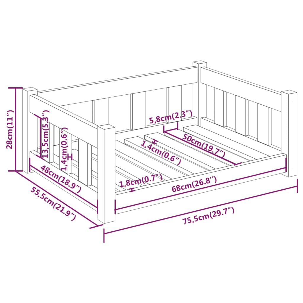 Cuccia per Cani 75,5x55,5x28 cm in Legno Massello di Pino