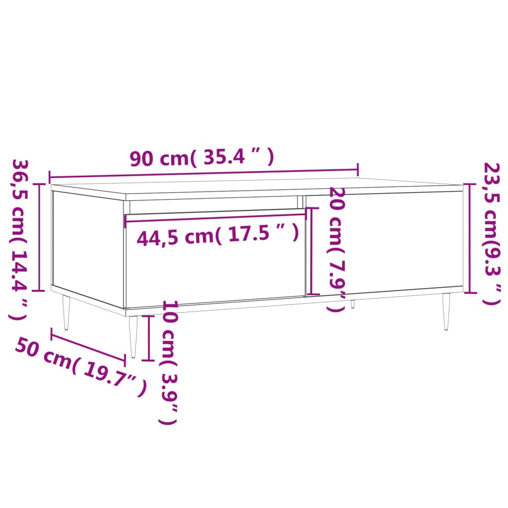 Tavolino Salotto Bianco Lucido 90x50x36,5 cm Legno Multistrato