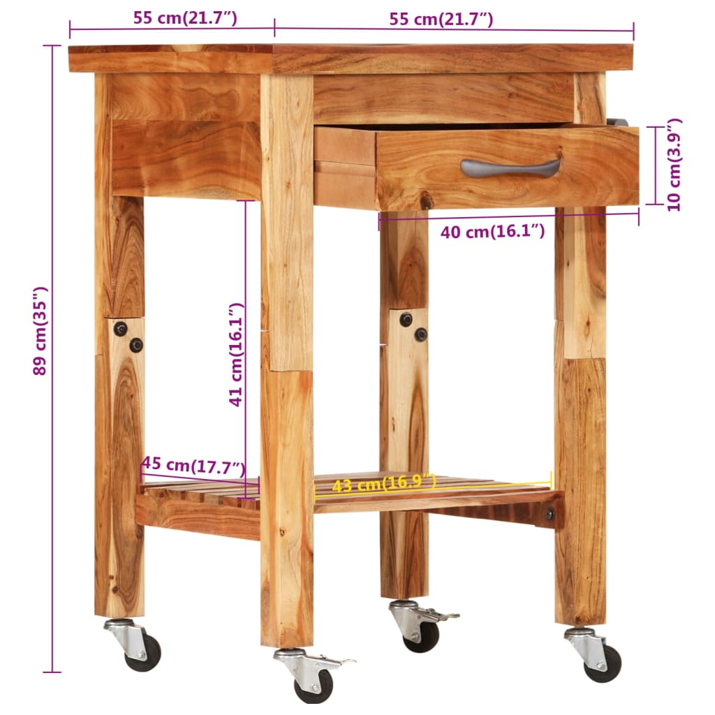 Carrello da Cucina 55x55x89 cm in Legno Massello di Acacia