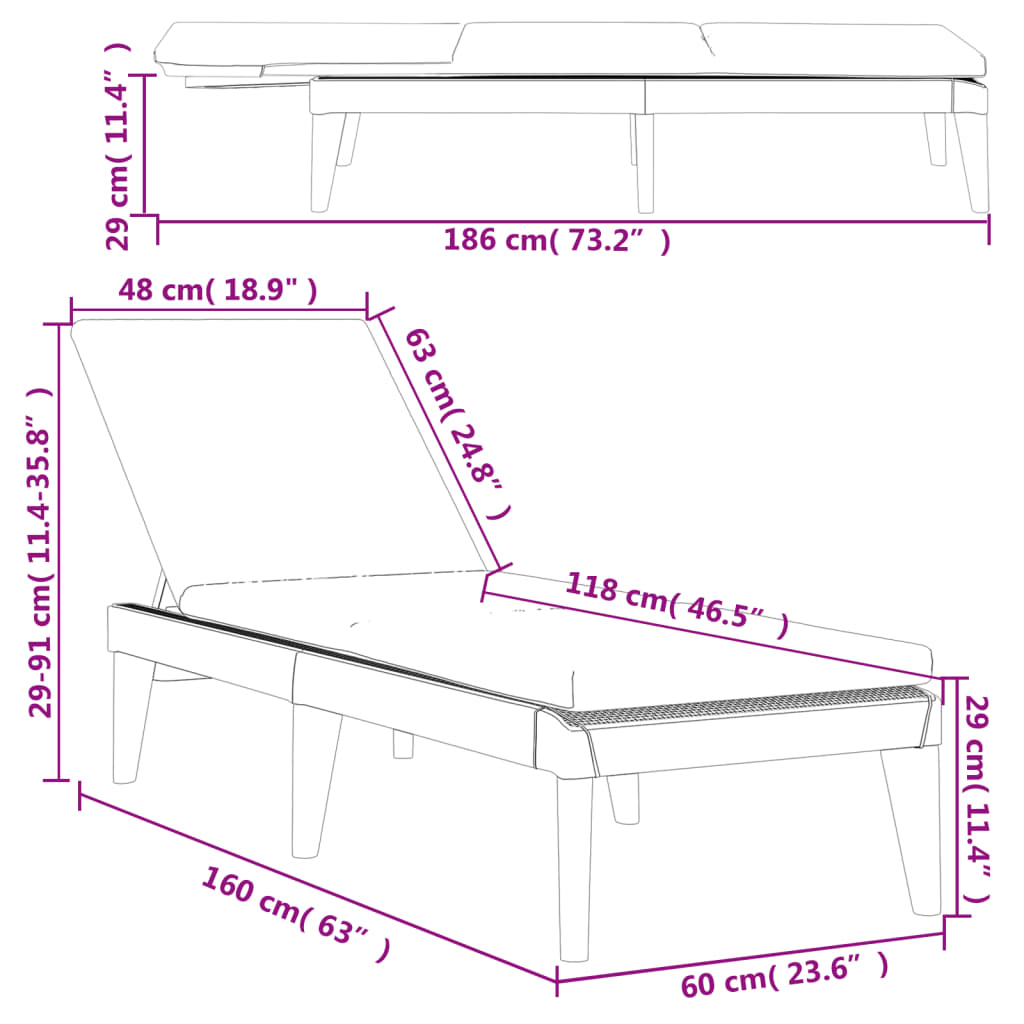 Lettino con Cuscino Antracite 186x60x29 cm in PP