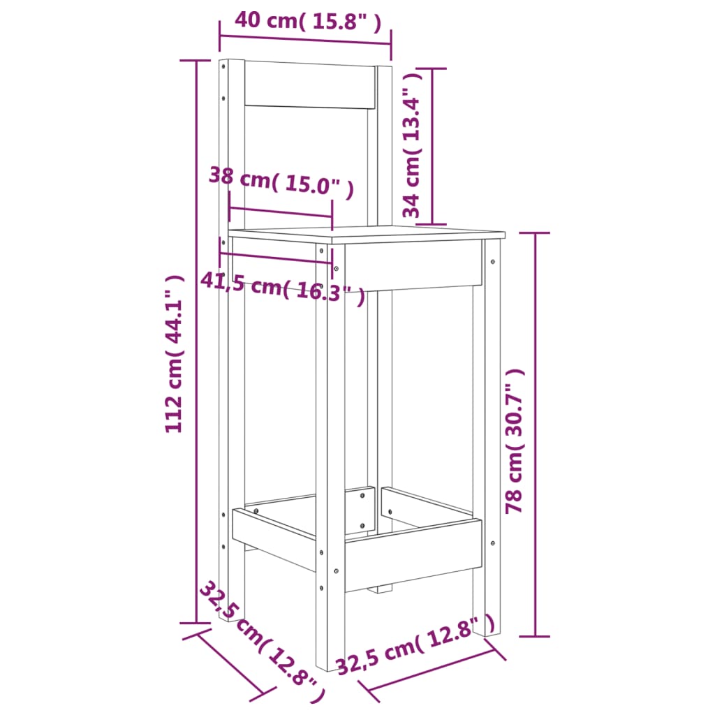 Set da Bar 3 pz Nero in Legno Massello di Pino