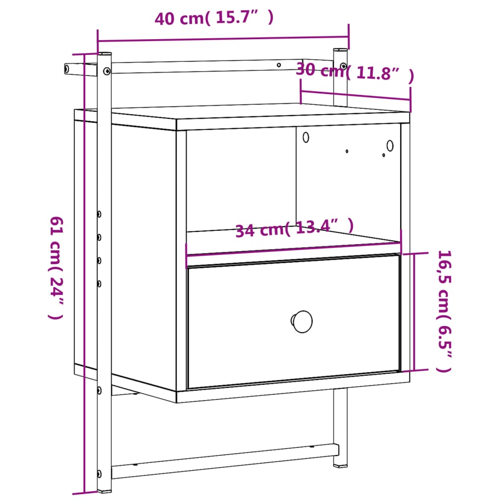 Comodino a Muro Nero 40x30x61 cm Legno Multistrato