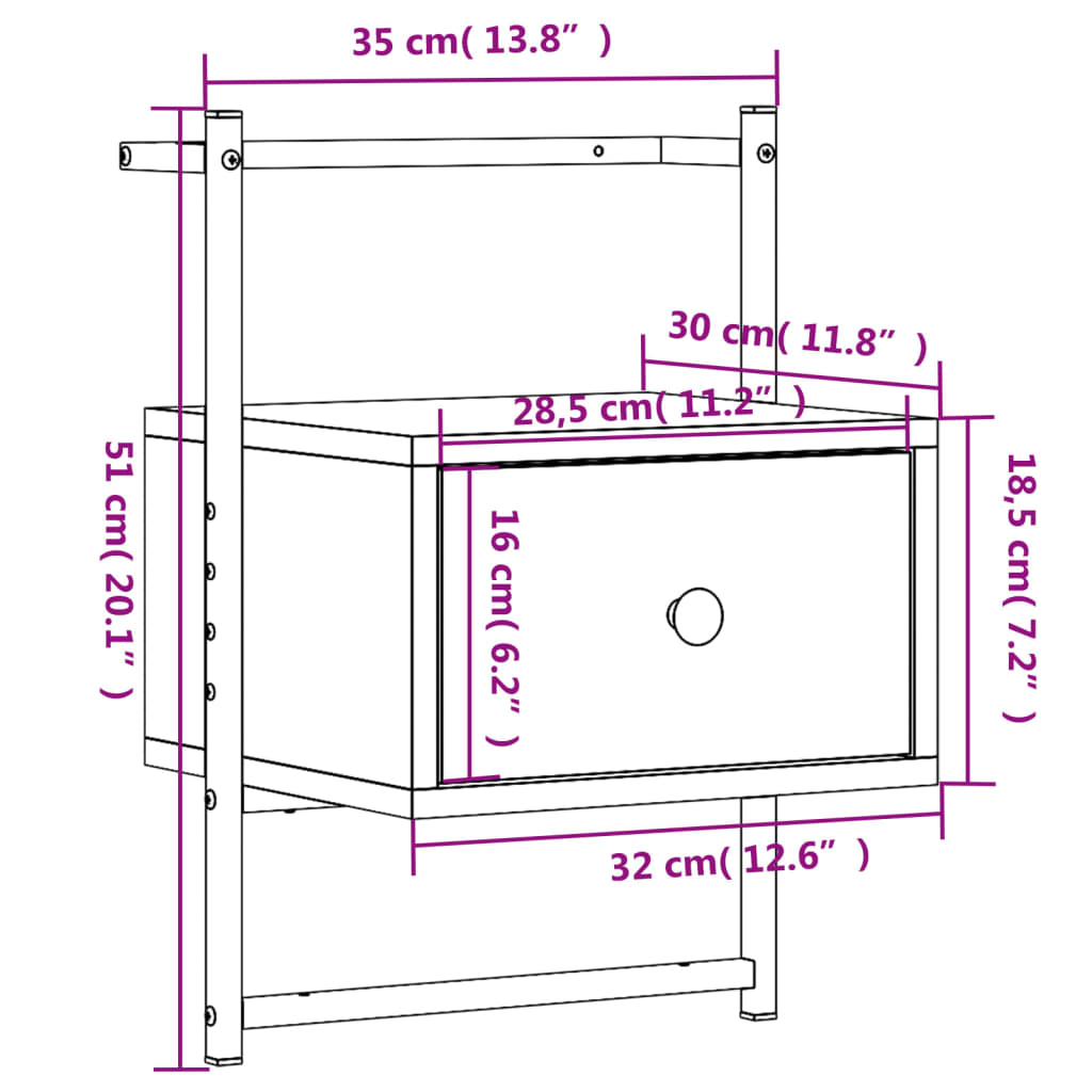 Comodino a Muro Rovere Fumo 35x30x51 cm Legno Multistrato