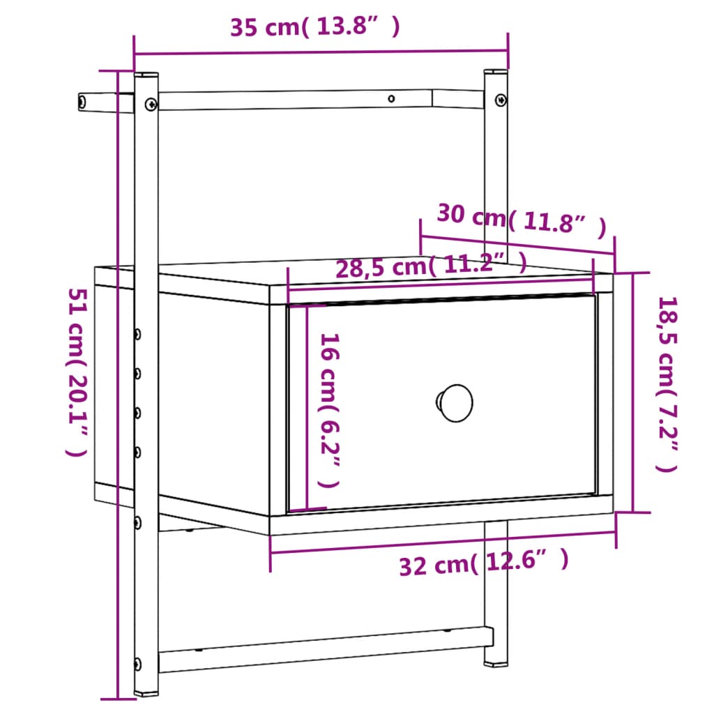 Comodino a Muro Rovere Marrone 35x30x51 cm Legno Multistrato