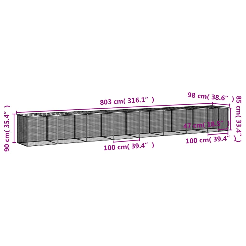 Gabbia Polli con Tetto Antracite 803x98x90 cm Acciaio Zincato