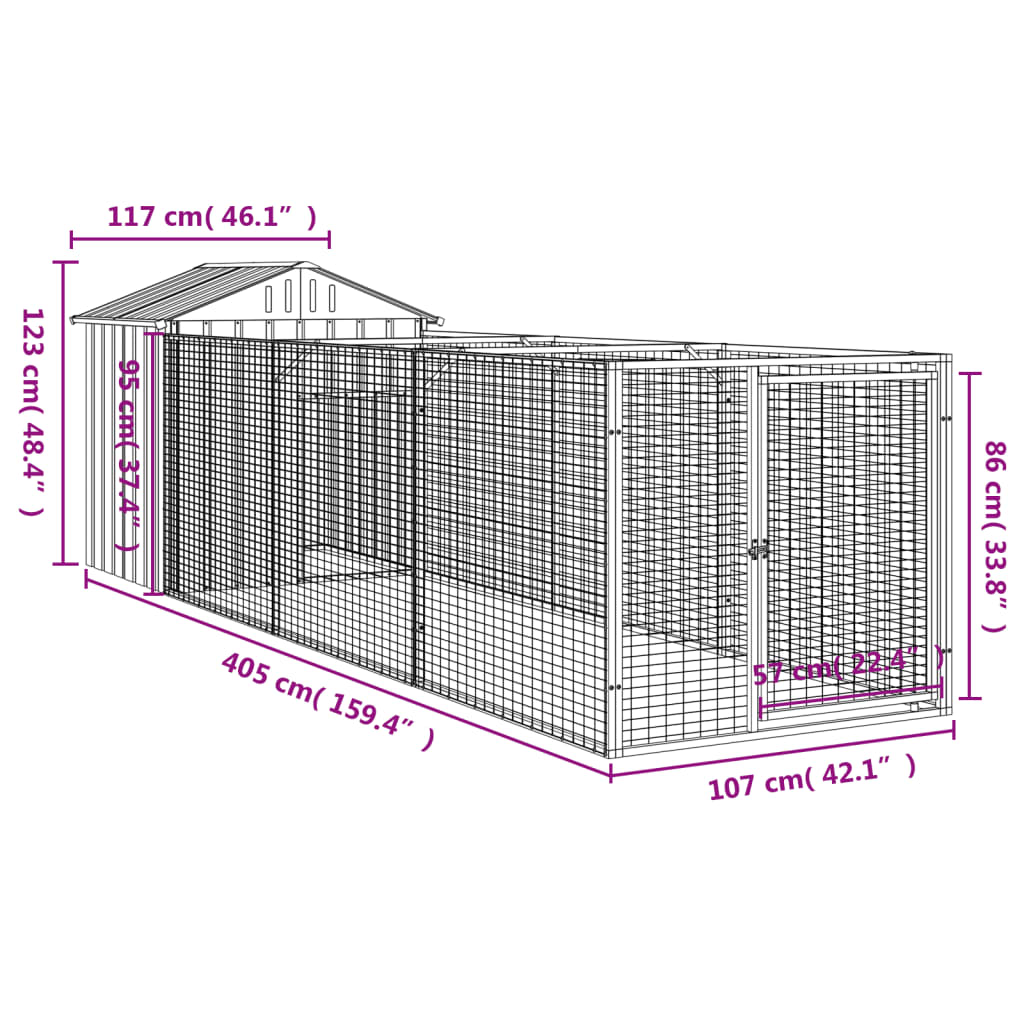 Casetta Cani Tetto Grigio Chiaro 117x405x123 cm Acciaio Zincato