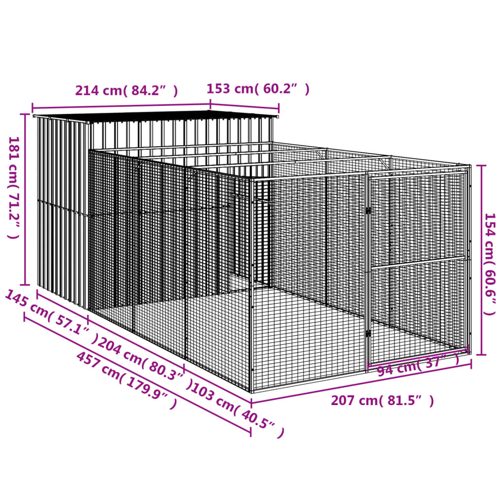 Casetta Cani con Corsa Antracite 214x457x181 cm Acciaio Zincato